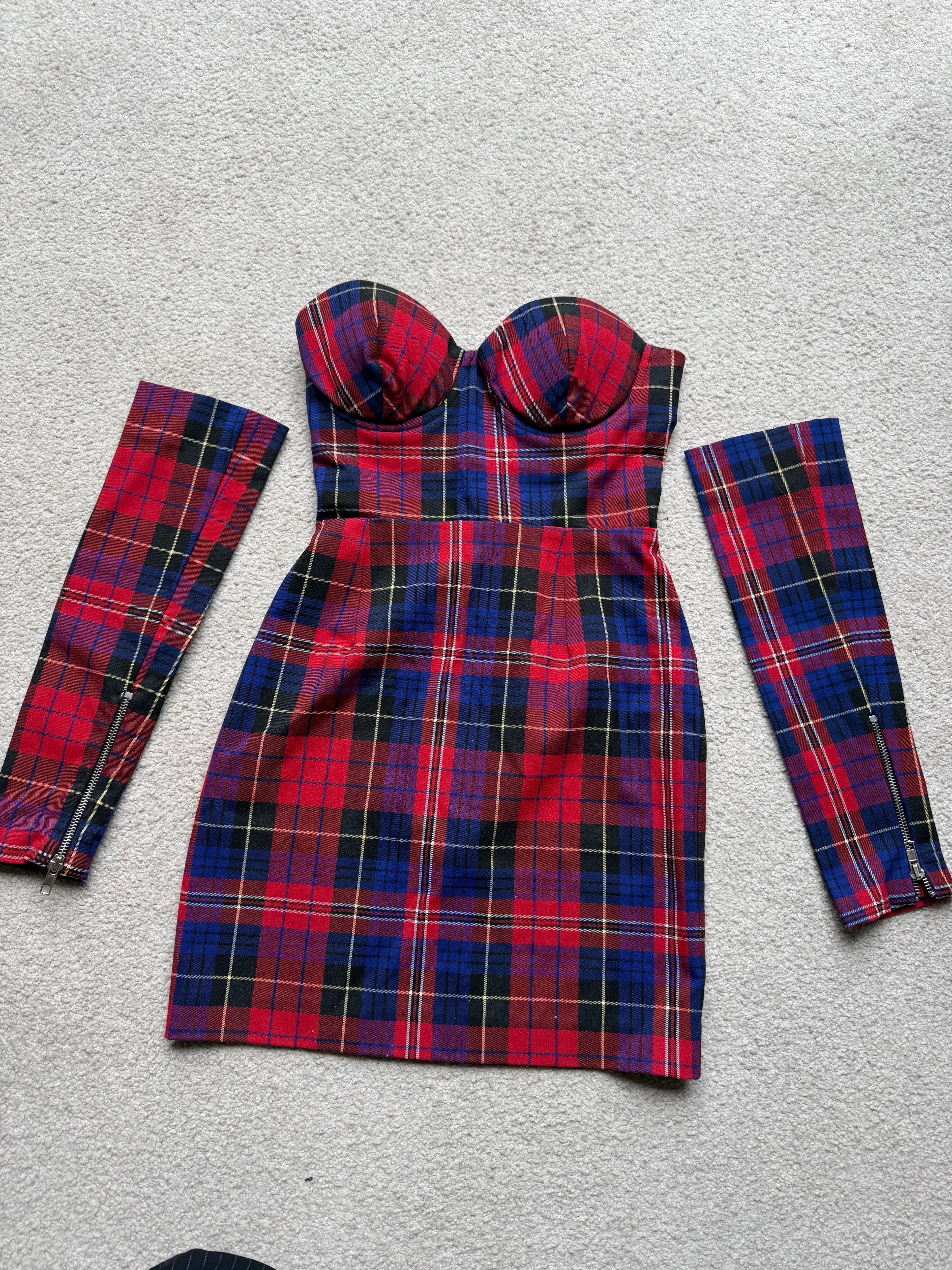 Red Strapless Tartan Plaid Mini Dress with Detached Sleeves, photo 1 of 4