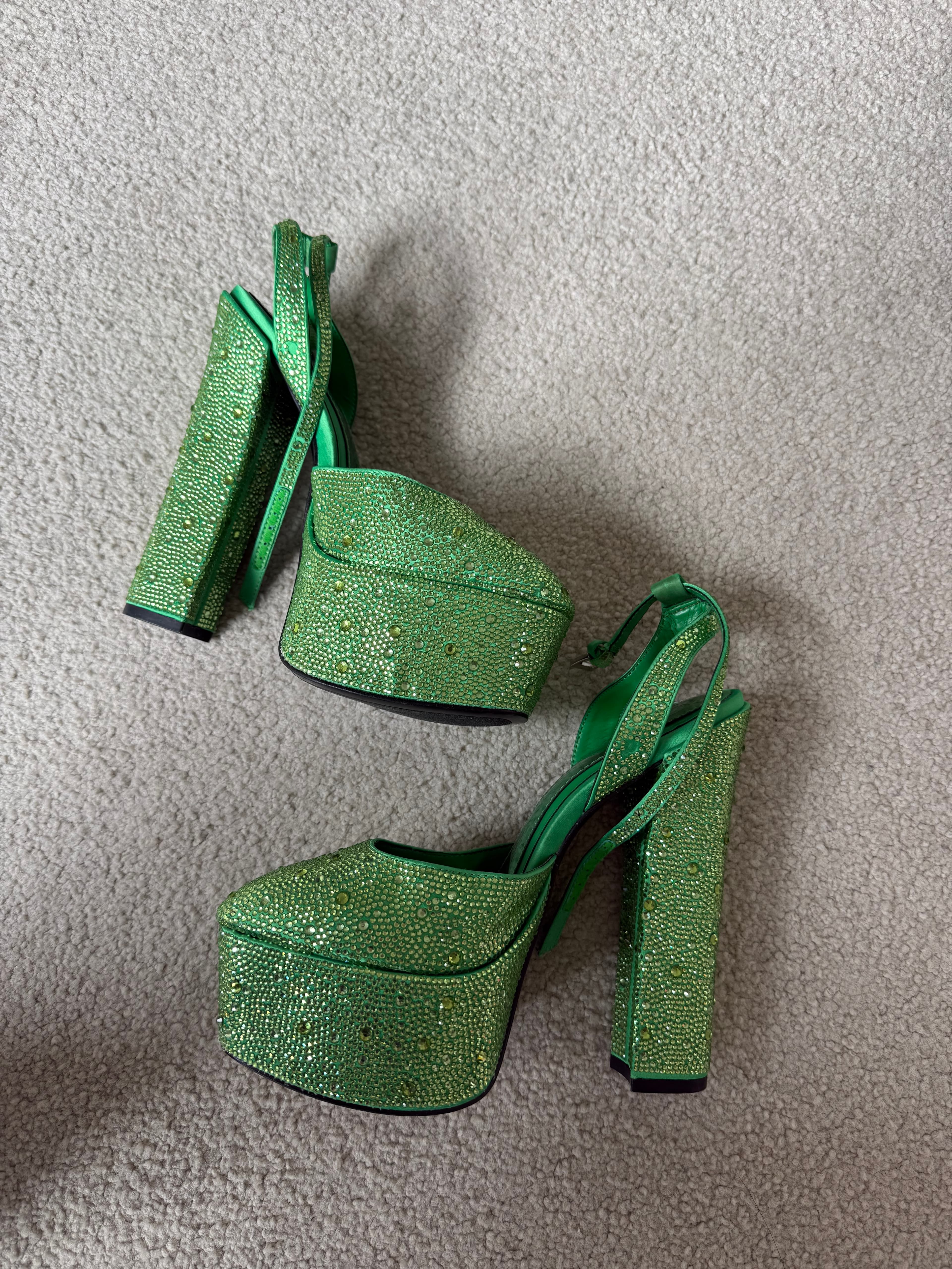 Green Rhinestone Embellished Platform Heels