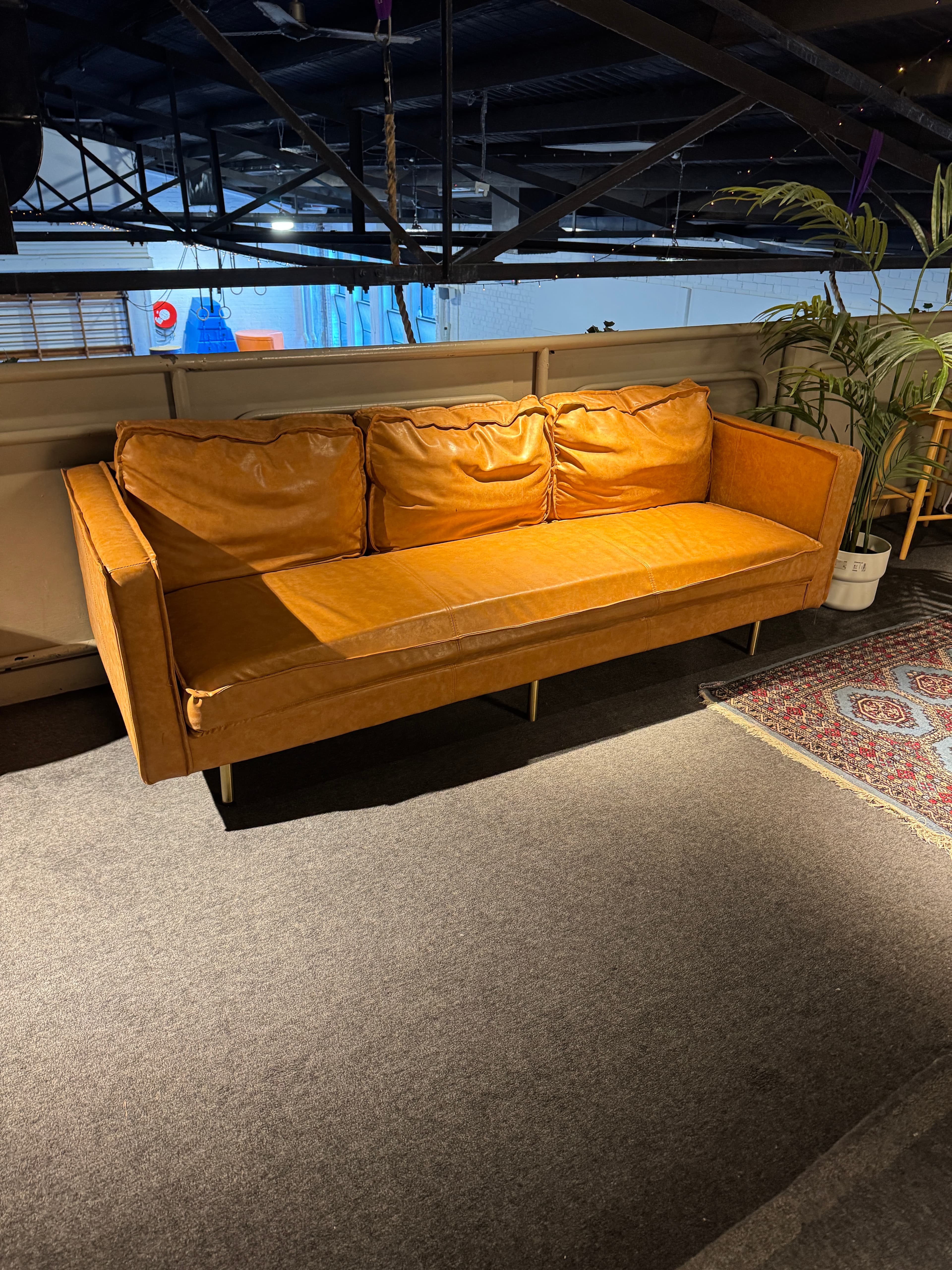 Tan Mid-Century Leather Sofa